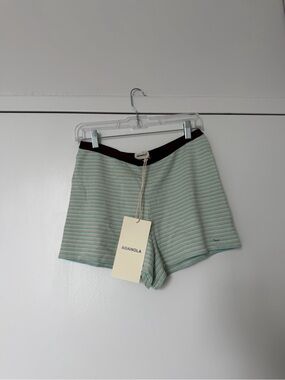 Adanola Mint and Cream Striped Women’s knit Shorts with Dark Waistband